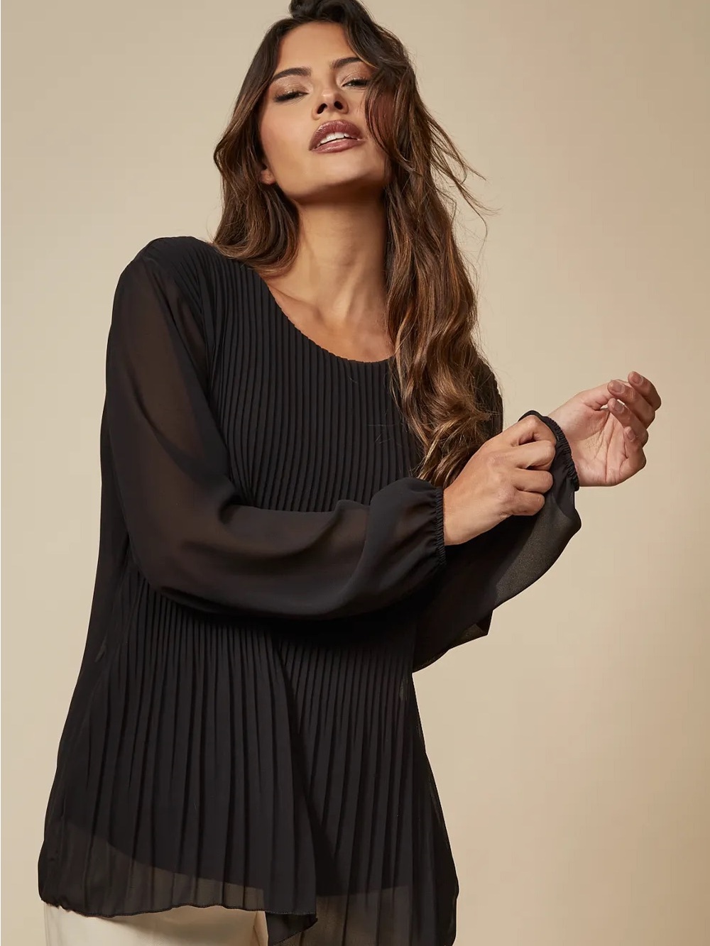 Express Black Pleated Long-Sleeve Blouse